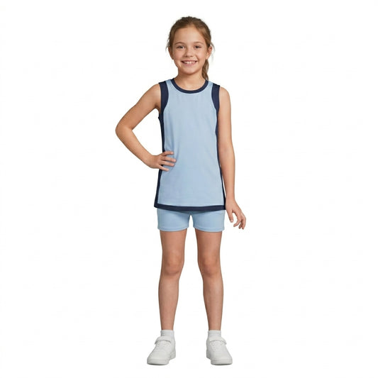 GSSO3847  Blue With Navy Active Sleeveless Top Pockets Shorts Girls Yoga Clothes Set
