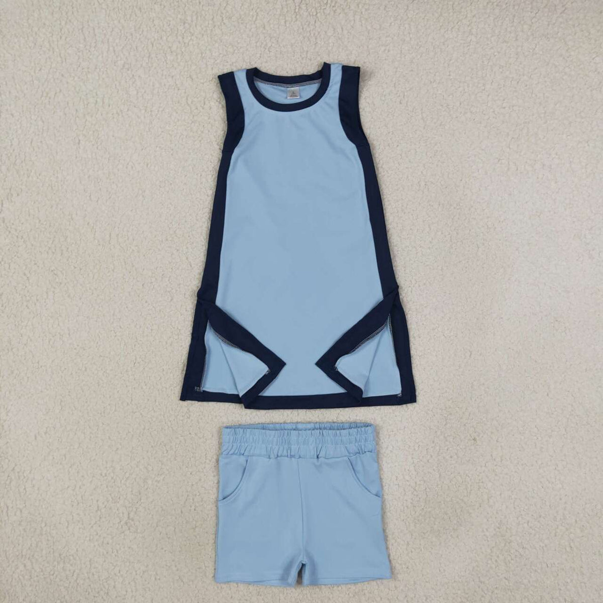 GSSO3847  Blue With Navy Active Sleeveless Top Pockets Shorts Girls Yoga Clothes Set