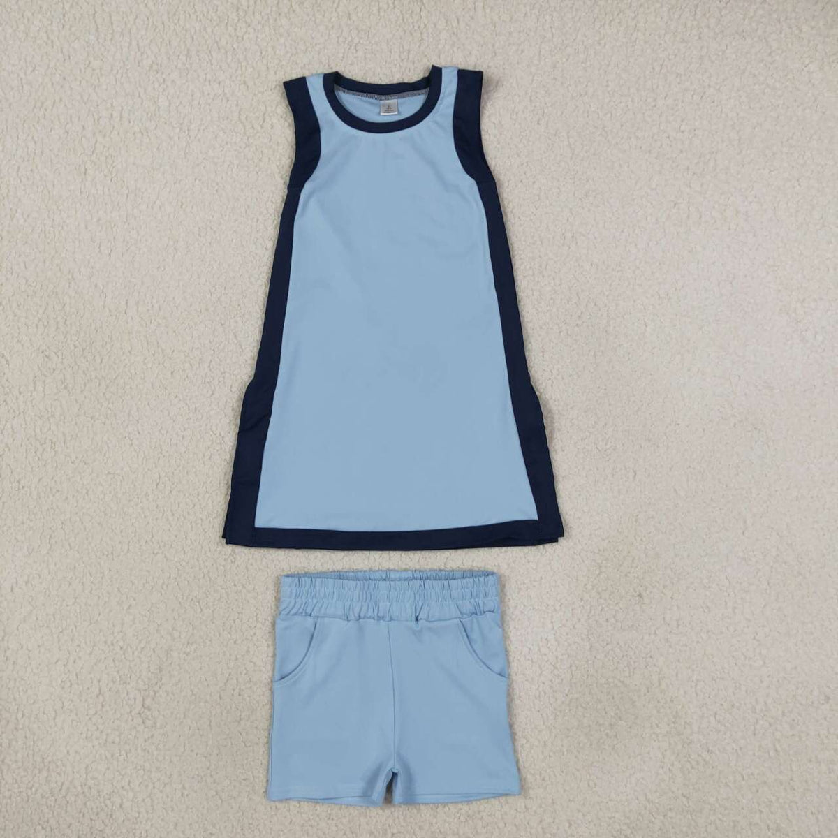 GSSO3847  Blue With Navy Active Sleeveless Top Pockets Shorts Girls Yoga Clothes Set