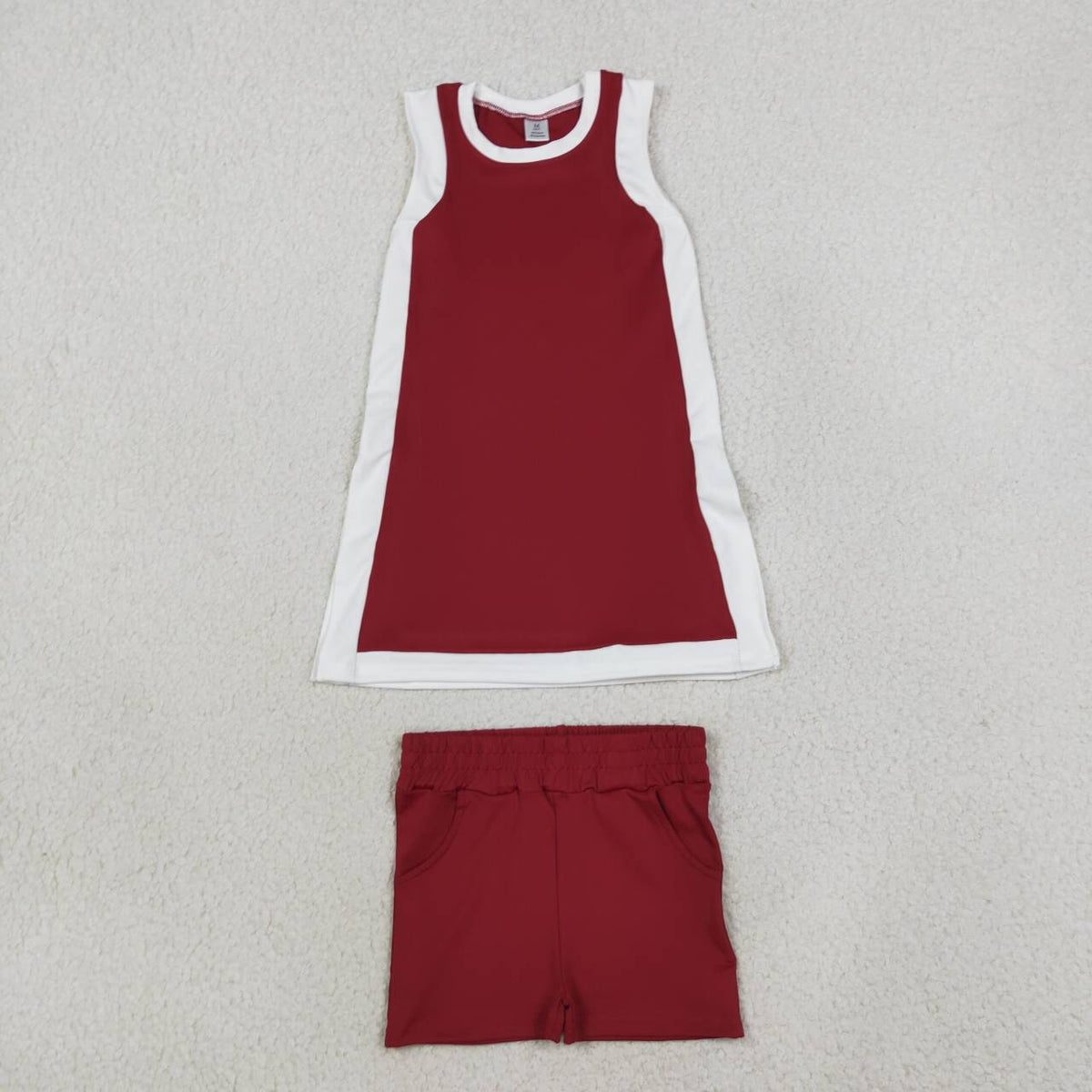 GSSO3848 Maroon With White Active Sleeveless Top Pockets Shorts Girls Yoga Clothes Set