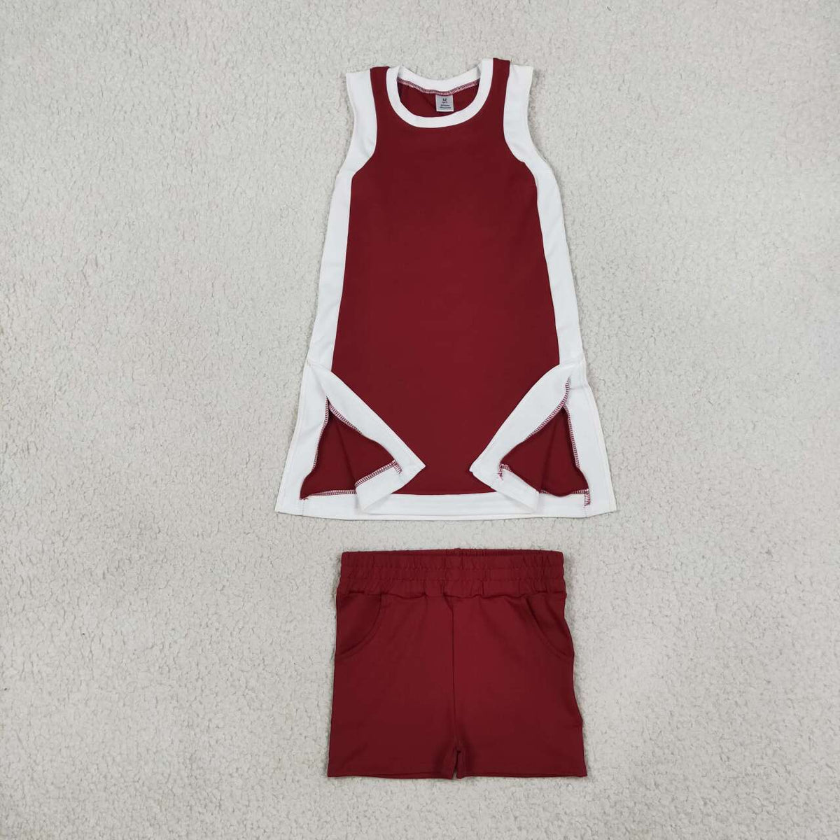 GSSO3848 Maroon With White Active Sleeveless Top Pockets Shorts Girls Yoga Clothes Set