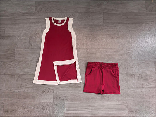 7.11 GSSO3848 Preorder Kids Girls Maroon White Sleeveless Active Dress +Shorts