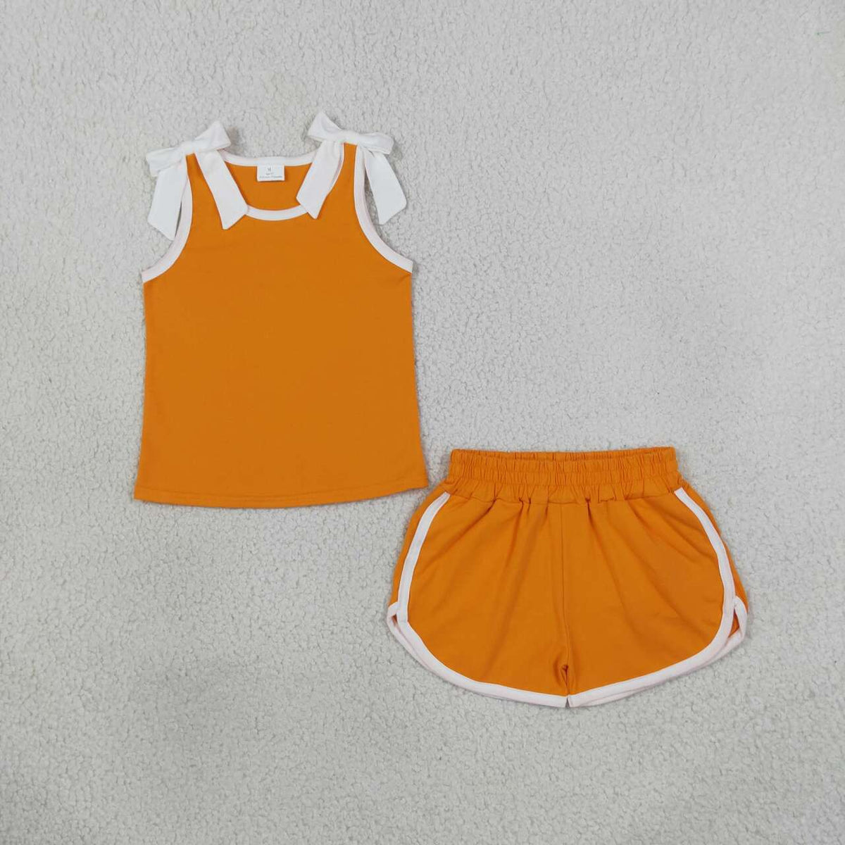 GSSO3851 Teams White Bows Vest Top Orange Pockets Shorts Girls Cotton Summer Clothes Set