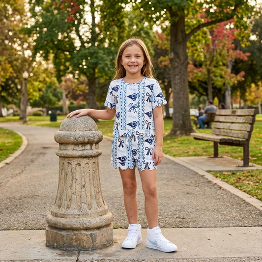 GSSO3853 Sport Teams RAMS Bows Print Girls Summer Scallop Clothes Set