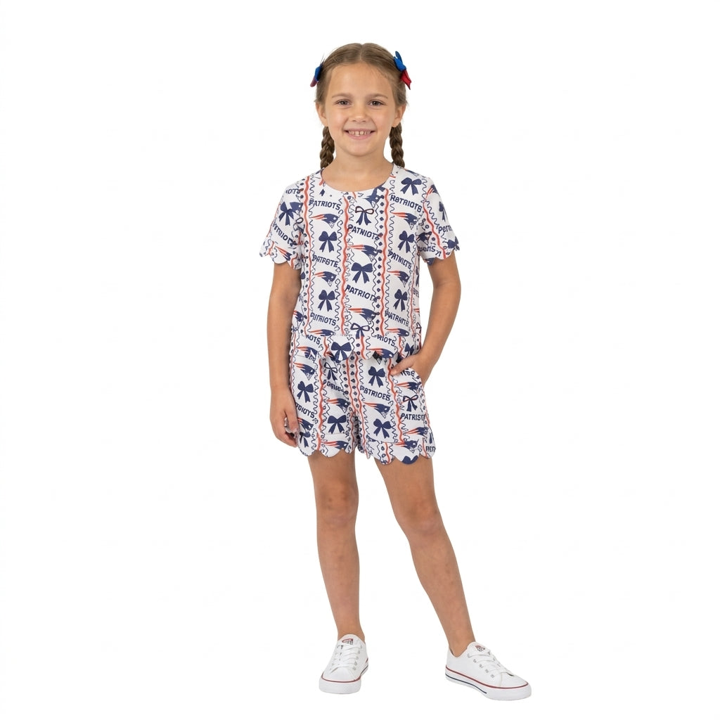 GSSO3854 Teams PATRIOTS Bows Print Girls Summer Scallop Clothes Set