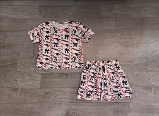 7.27 GSSO3854 Preorder Teams PATRIOTS Bows Print Girls Summer Scallop Clothes Set