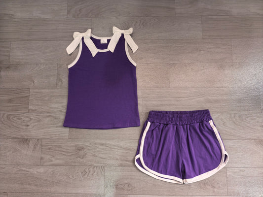7.29 GSSO3858 Preorder White Bows Purple Cotton Tank Top Shorts Girls Summer Teams Clothes Set