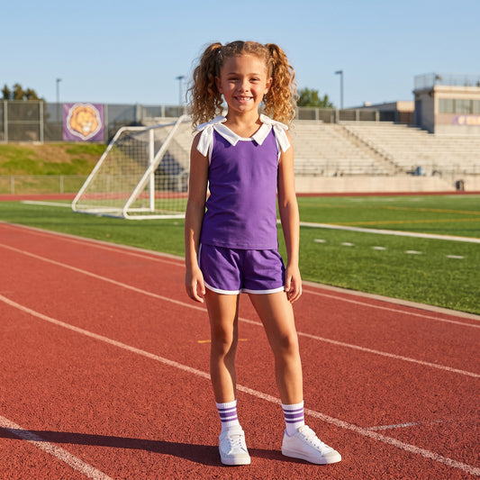 GSSO3858 Teams White Bows Vest Top Purple Pockets Shorts Girls Cotton Summer Clothes Set