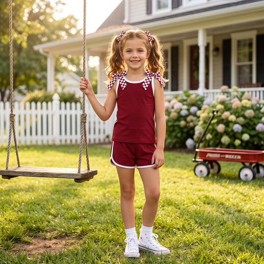 GSSO3859 Teams Checkered Bows Vest Top Wine Pockets Shorts Girls Cotton Summer Clothes Set