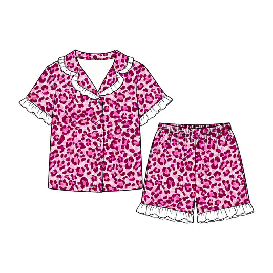 9.22 Preorder GSSO3864 Kids Girls Pink Leopard Short Sleeve Button Pajama Set