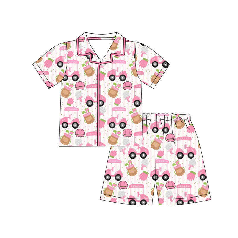 10.1 Preorder GSSO3868 Baby Girls Golf Cart Print Button Short Sleeve Pajama Set