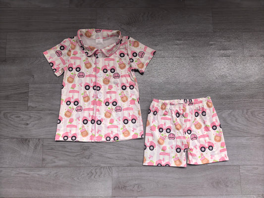 10.1 Preorder GSSO3868 Baby Girls Golf Cart Print Button Short Sleeve Pajama Set