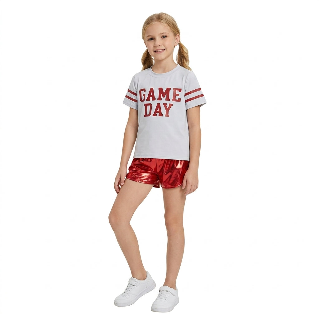 GSSO3870 Teams Game Day Vinyl Yoga Top Red Pocket Leather Elastic Shorts Girls Outfits