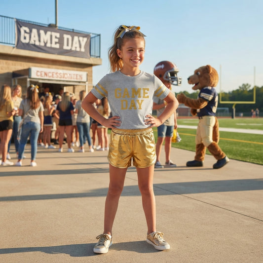 GSSO3872 Teams Game Day Vinyl Yoga Top Golden Pocket Leather Elastic Shorts Girls Outfits