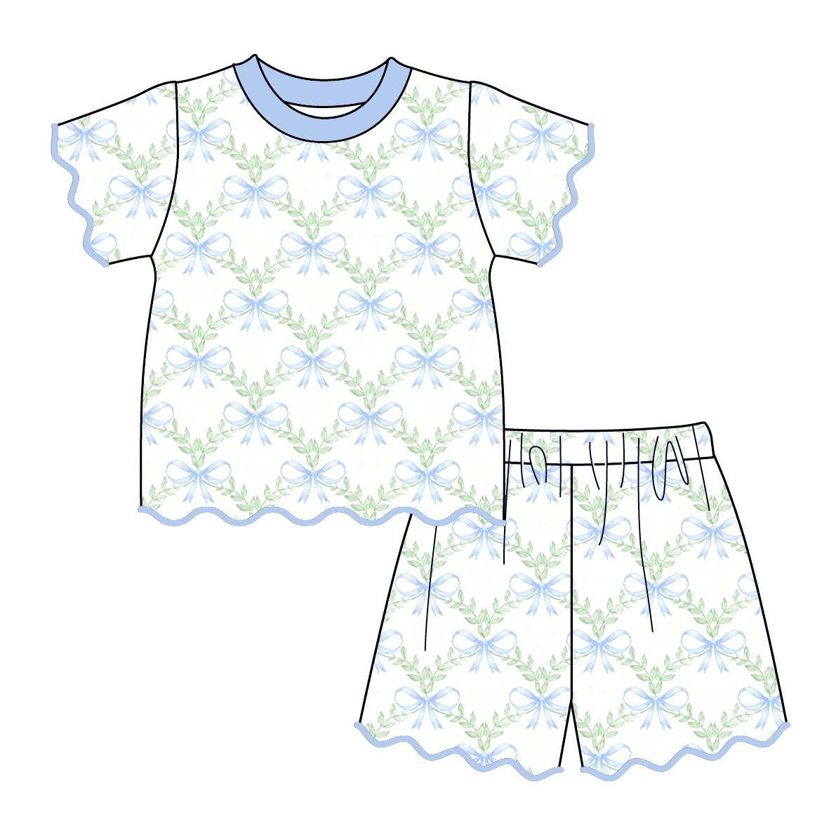 10.28 GSSO3877 Preorder Kids Girls Blue Bow Scalloped Shorts Outfit