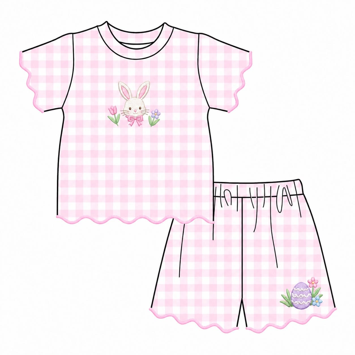 10.28 GSSO3880 Preorder Kids Girls Easter  Pink Gingham Rabbit Scalloped Shorts Outfit