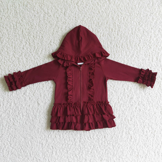GT0014 Maroon Cotton Girls Fall Hooded Ruffles Zipper Jackets Wine Top