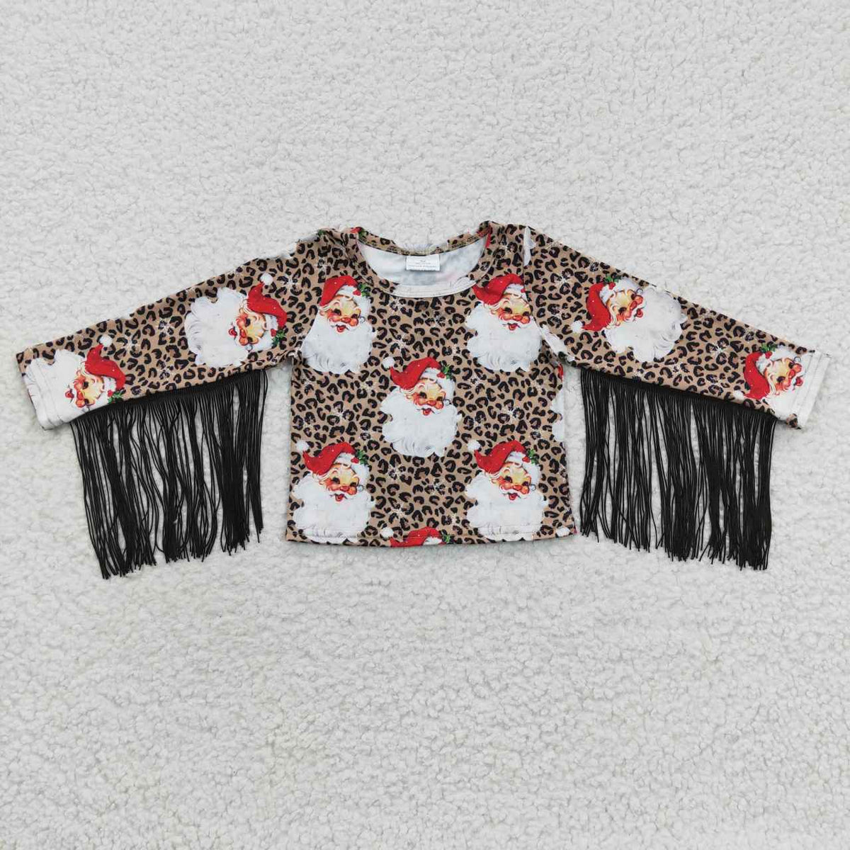 GT0186 Santa Holly Leopard Print Girls Christmas Tassel Tee Shirts Top