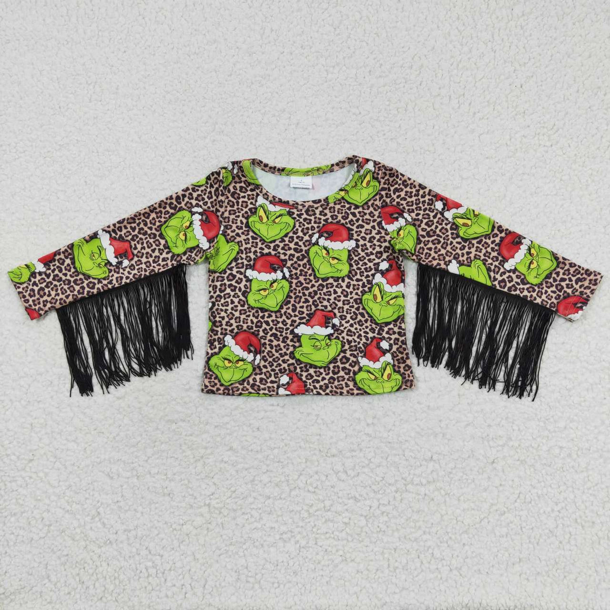 GT0190 Green Frog Smiling Leopard Print Girls Christmas Tassel Tee Shirts Top