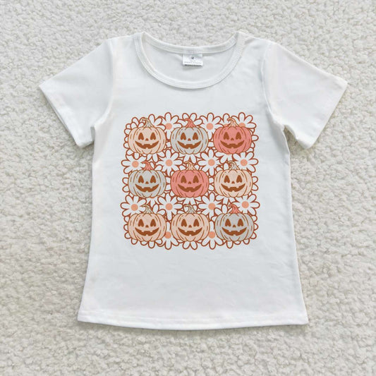 GT0290 Pumpkin Flowers Print Girls Halloween Tee Shirts Top
