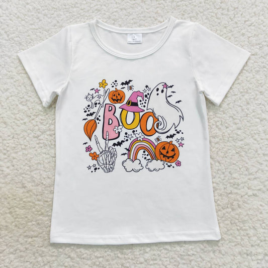 GT0291 BOO Ghost Pumpkin Rainbow Flowers Print Girls Halloween Tee Shirts Top