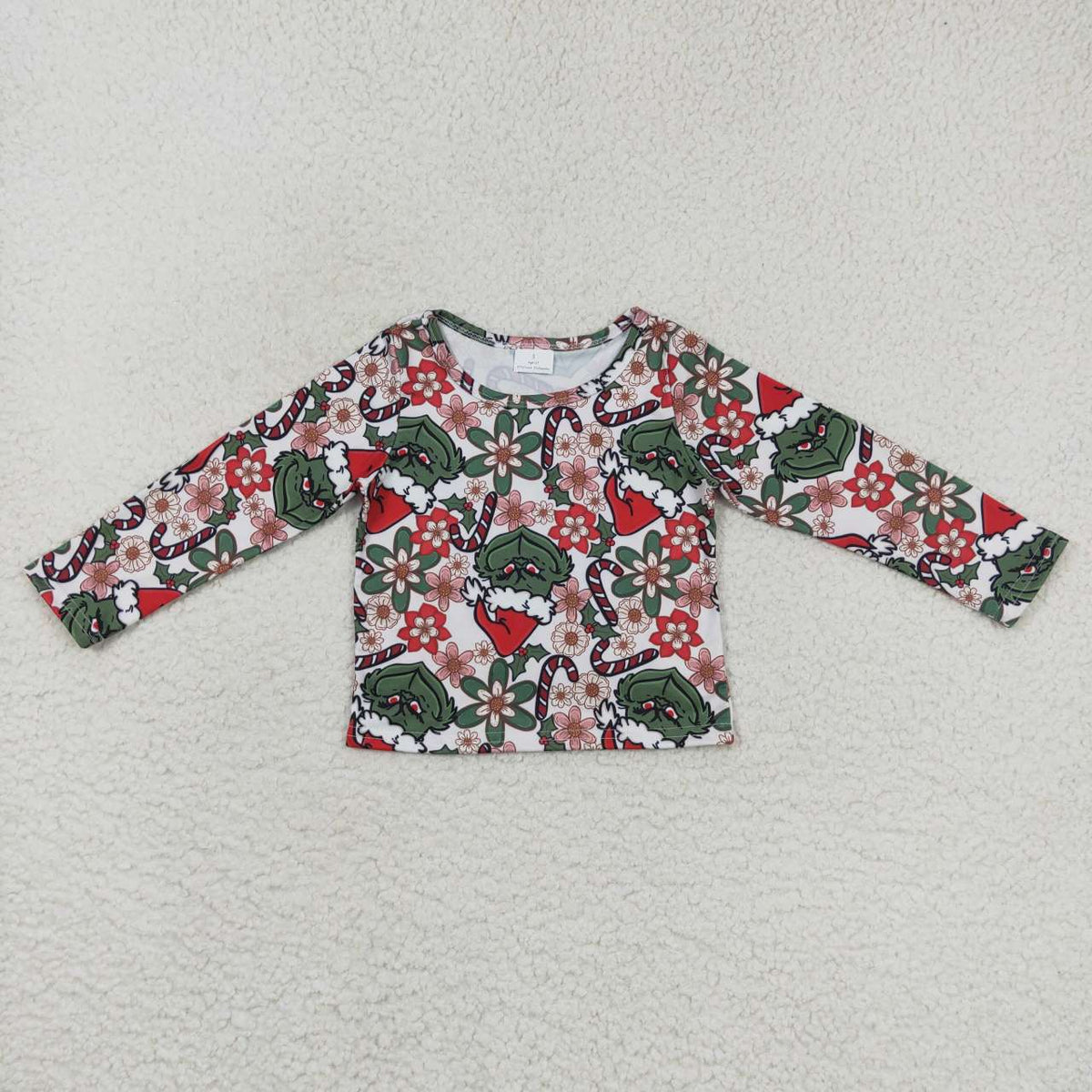 GT0326 Green Frog Flowers Candy Cane Holly Print Girls Christmas Tee Shirts Top