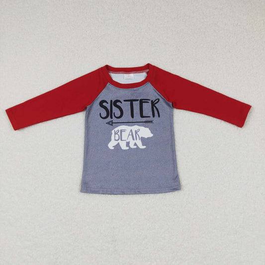 GT0390 SISTER BEAR Print Girls Christmas Raglan Sleeve Tee Shirts Top