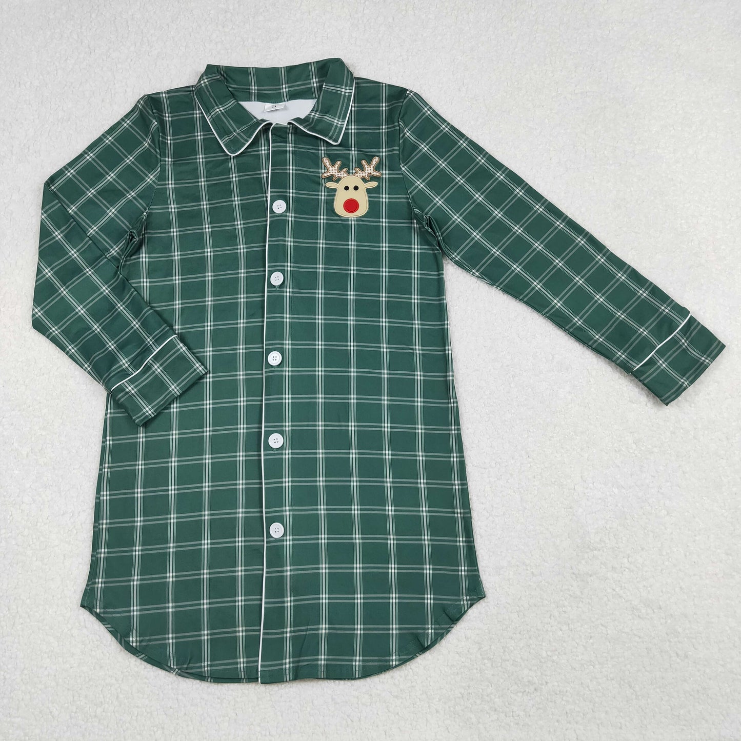 Embroidery Deer Mama and Me Green Checked Christmas Sleep Wear Pajamas Ruffle Dresses
