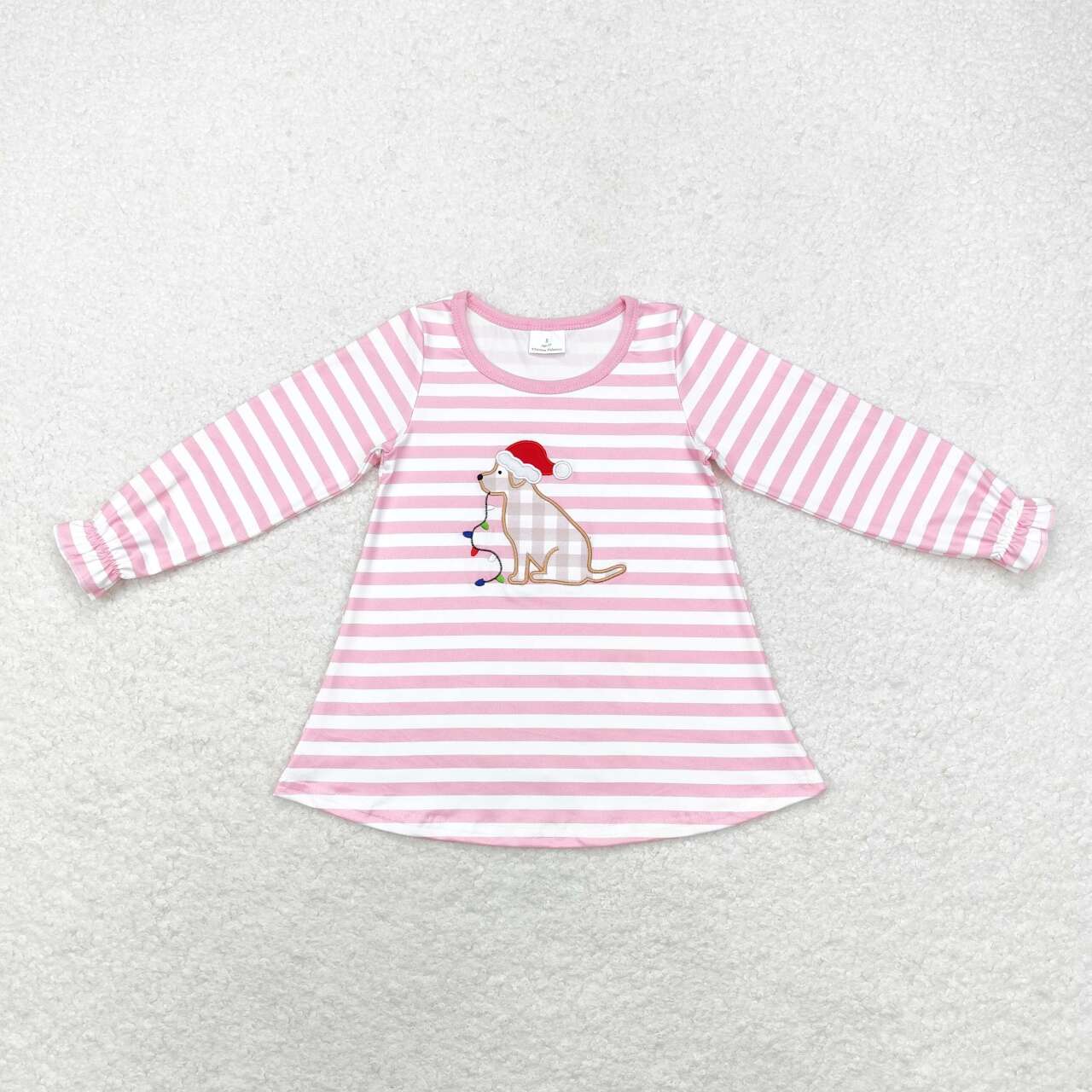 GT0659 Dog Lights Embroidery Pink Stripes Girls Christmas Tee Shirts Top