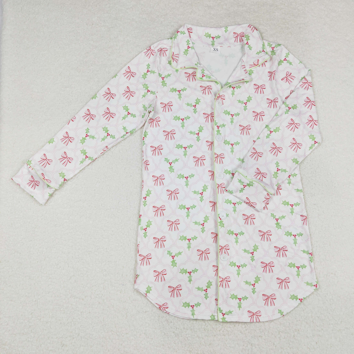 GT0661 Adult Holly Bows Print Woman Christmas Pajamas Top Buttons Nightshirt