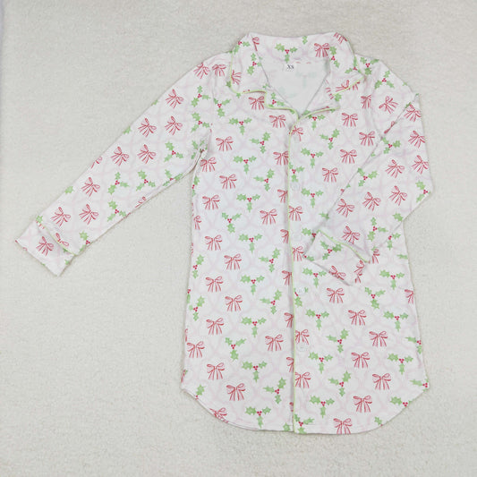 GT0661 Adult Holly Bows Print Woman Christmas Pajamas Top Buttons Nightshirt