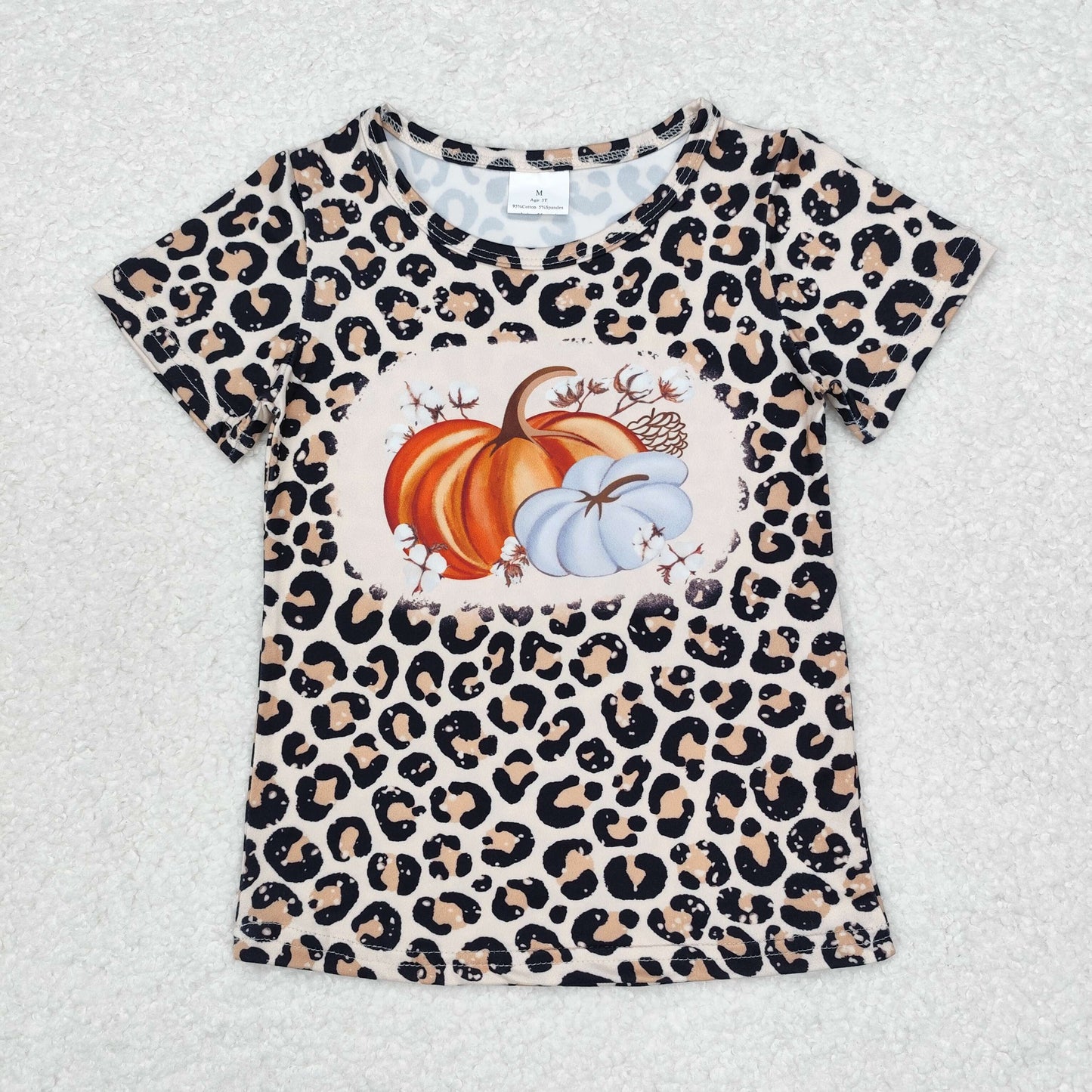 GT0688 Pumpkin Leopard Print Girls Fall Short Sleeve Tee Shirts Top
