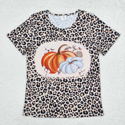GT0689 Pumpkin Leopard Print Woman Fall Short Sleeve Tee Shirts Top