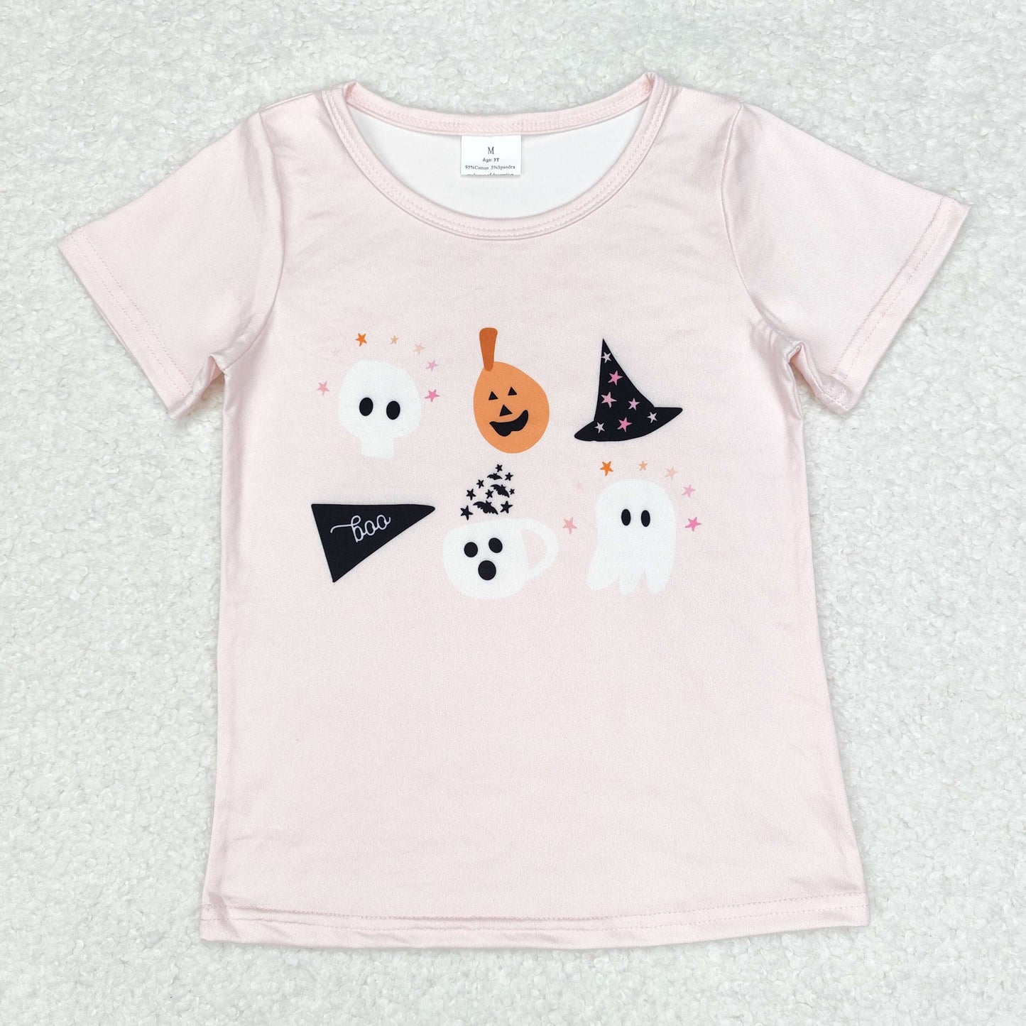 GT0698 BOO Ghost Pink Print Girls Halloween Short Sleeve Tee Shirts Top