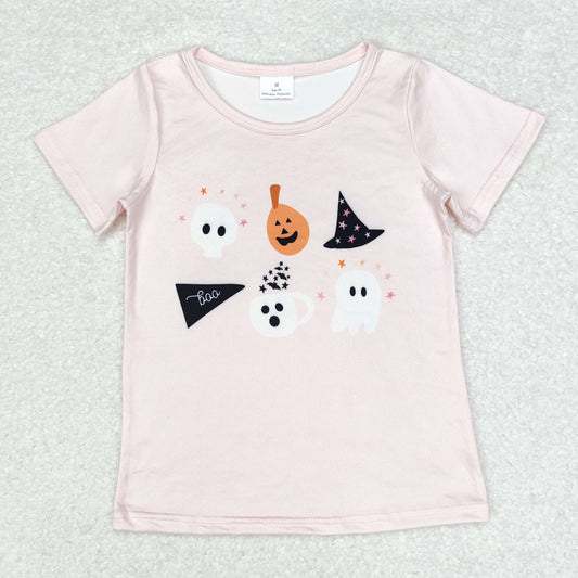 GT0698 BOO Ghost Pink Print Girls Halloween Short Sleeve Tee Shirts Top