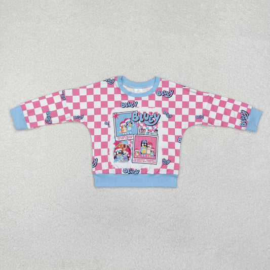 GT0732 Cartoon Dog Checkered Print Girls Christmas Tee Shirts Top
