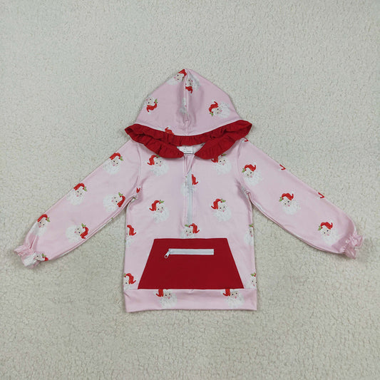 GT1047 Santa Pink Print Girls Christmas Zipper Pocket Hoodie Top