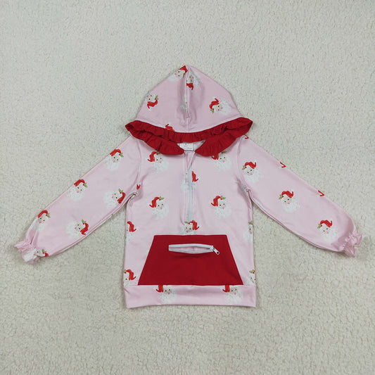 GT1047 Santa Pink Print Girls Christmas Zipper Pocket Hoodie Top