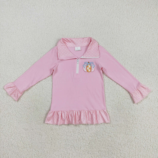 GT1112 Pumpkin Embroidery Pink Girls Fall Zipper Pullover Top