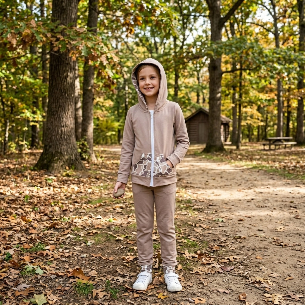 GT1144 Deer Camo Brown Print Boys Pockets Zipper Hoodie Jackets Top