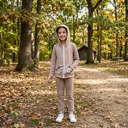 GT1144 Deer Camo Brown Print Boys Pockets Zipper Hoodie Jackets Top