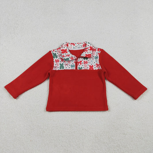 GT1150 Green Red Bows Holly Girls Christmas Thick Sherpa Zipper Pullover Top