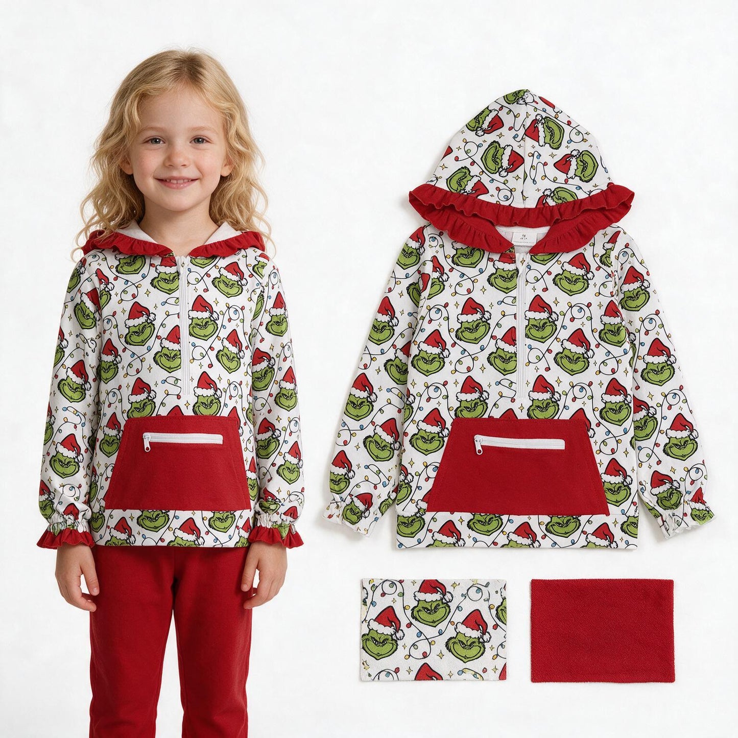 GT1163 Green Frog Lights Print Girls Christmas Long Sleeve Zipper Pocket Hoodie Top