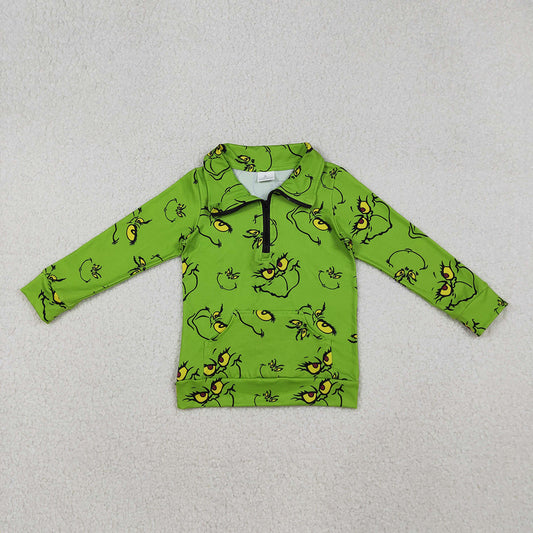 GT1170 Green Frog Smiling Print Boys Christmas Pocket Zipper Pullover Top