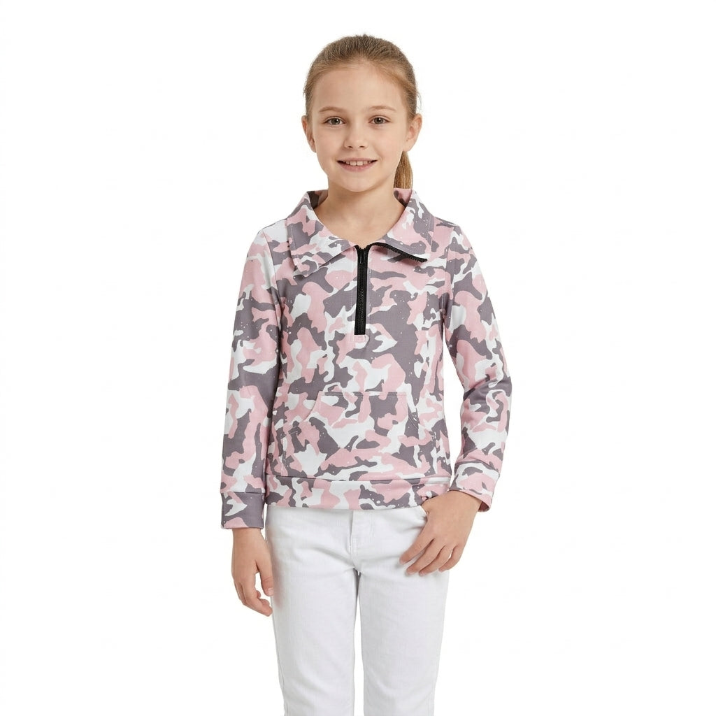 GT1178 Pink Camo Print Girls Zipper Pullover Yoga Top