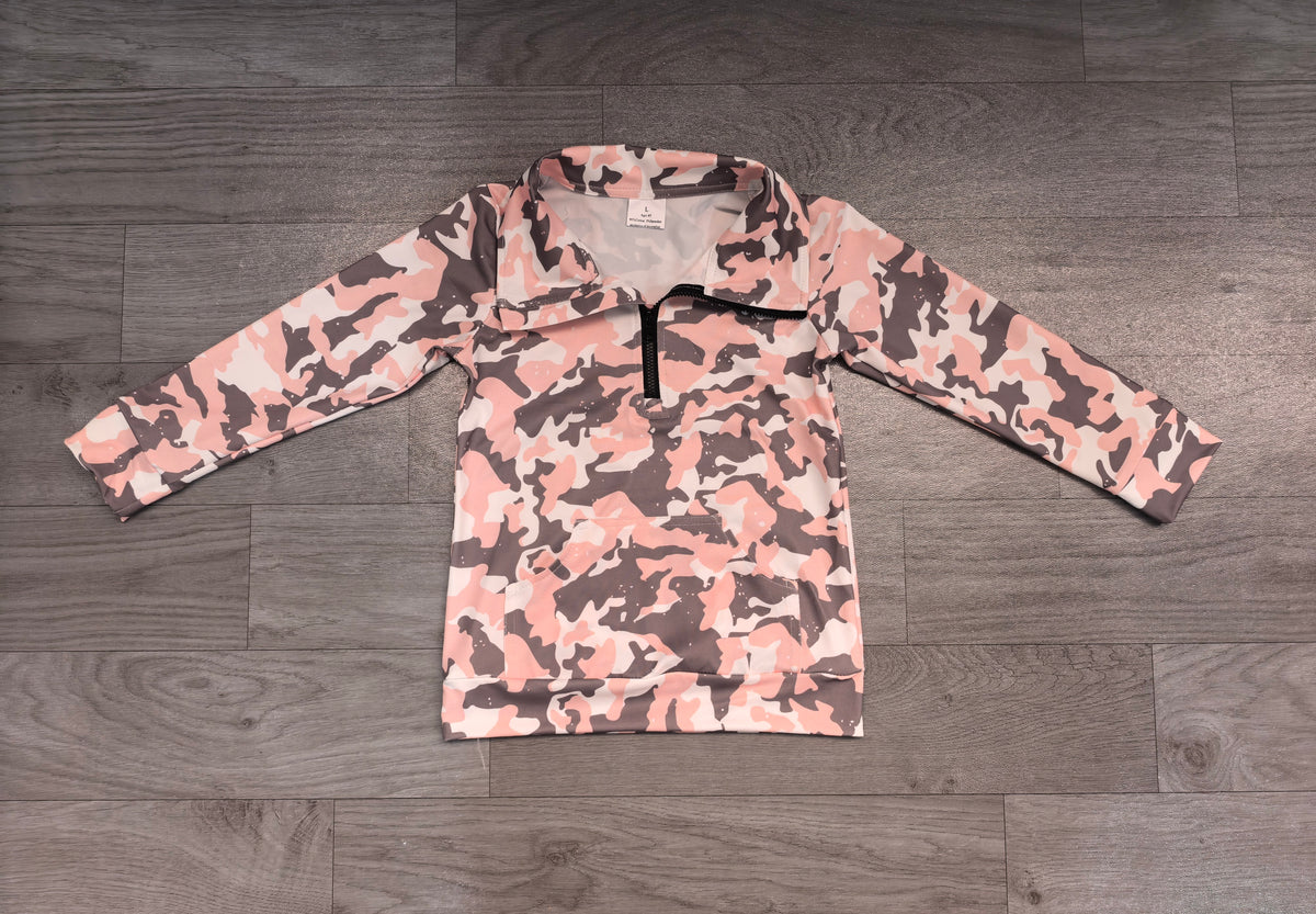 GT1178 Preorder Pink Camo Print Girls Zipper Pullover Top