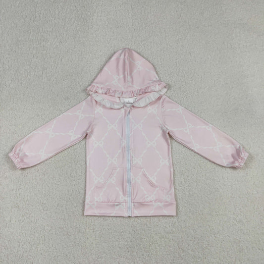 Sibling Baby Girls Long Sleeve Bows Checked Mouths Ruffle Hoodie Zip Pockets Jackets Top