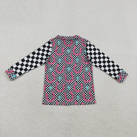 GT1509 Horse Shoes Plaid Print Girls Long Sleeve Button Tee Shirts Top