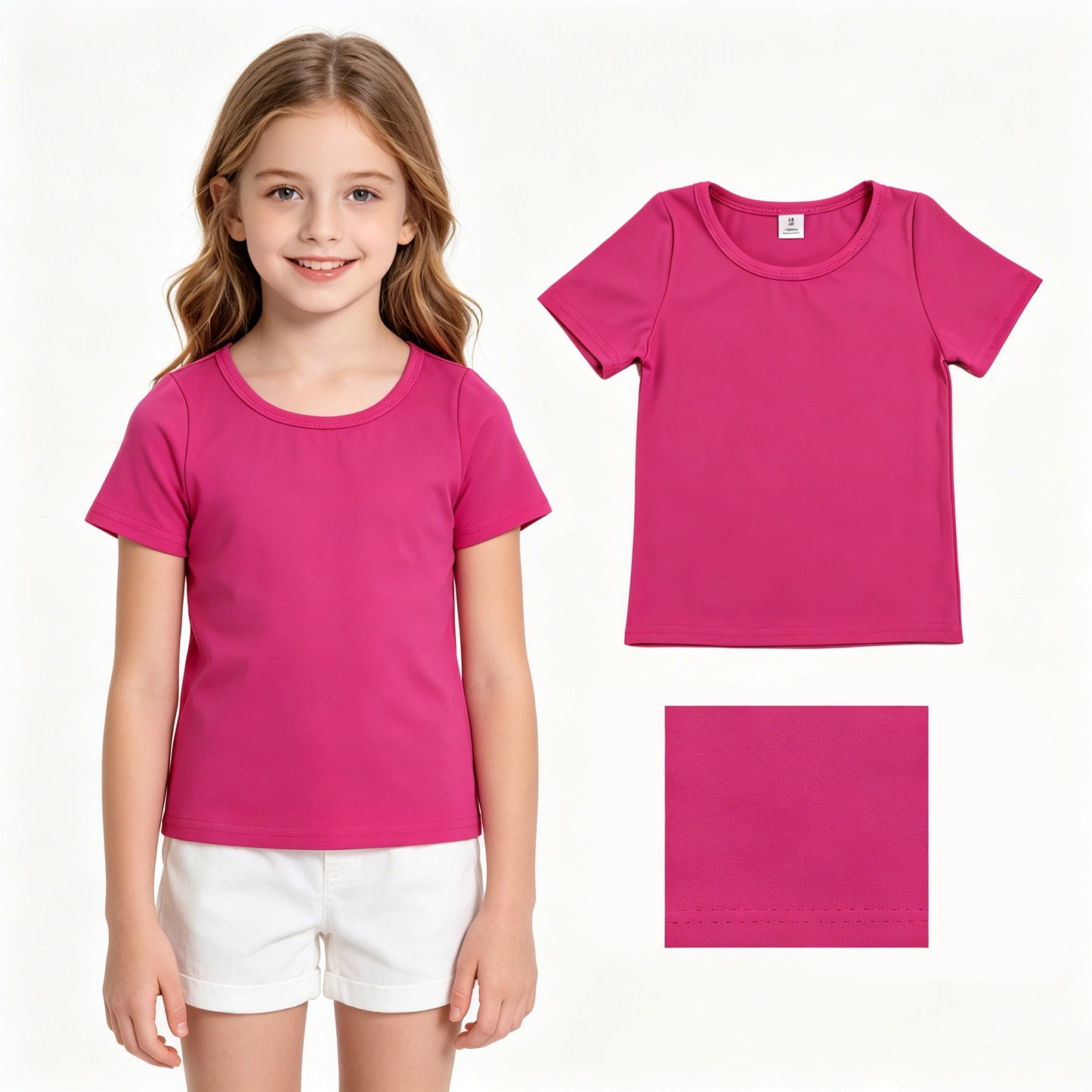 GT1633 Kids Girls Hot Pink Active Short Sleeve Yoga Tee Shirts Top