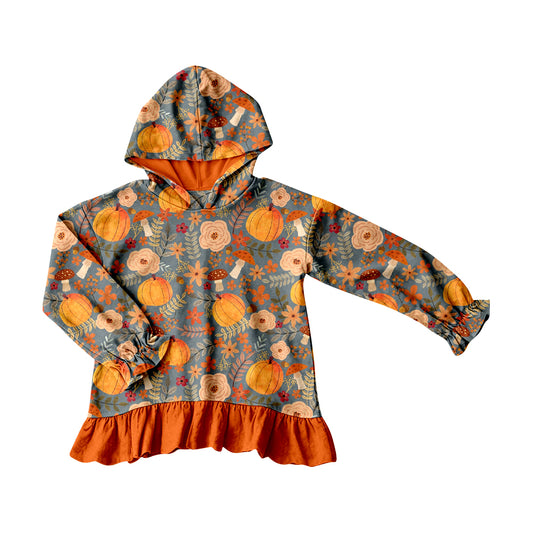 4.20 Girls Fall Pumpkin Print Hoodie - Toddler Ruffle Hem Hooded Top Preorder